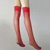 Damensocken Schwarz/Rote Spitze Transparente Netzstrümpfe Damen Sexy Rückennaht Über Knie Netzstrumpfhose Damenunterwäsche