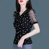 T-shirt Dames Lente Zomer Stijl Tees Dames Lantaarn Mouw Polka Dot Vneck T-shirt Korte Mouw Casual Tops SP1203