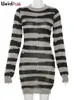 Basic Casual Dresses Weird Puss Knit Striped Dress Women Autumn Trend Ripped Long Sleeve oNeck Sweater Bodycon Streetwear Stretch Sexy Thin Clothes 231127