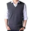 Men's Vests Mid-aged Men Knitted Sweater Vest Solid Color V-neck Sleeveless Pullover Waistcoat Slim Fit Ribbed Cuffs Tank Top