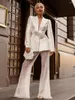 Women's Two Piece Pants Elegant Beaded Pearls Blazer Set Suits Women Flower White Slim Sexy Mesh See Through Sequin Trousers Two-piece