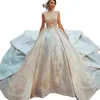 Custom Made Princess Ball Gown Wedding Dresses Sparkly Sheer High Neck Short Sleeve Luxury Crystal Bridal Gowns