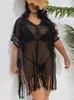 Dames Zwemkleding Grote maten Veelkleurig Gehaakte Bikini Cover-up met franjes Dames Sexy holle tuniek Strandjurk Zomerbadpak