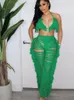 Women's Two Piece Pants RDMQ 2023 Sexy Beach White Women 2pcs Set Tassel Crop Tops And Hole Wide Leg Sweatsuit Tracksuit Outfits