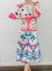Vestidos casuales Miyake Verano Rosas Patrón impreso Siete mangas Diseño de moda Ropa de mujer Estilos plisados Cuello redondo Linterna