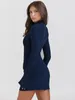 Casual Jurken Elegant Donkerblauw Effen Hoge Taille Mini-jurk Damesmode Met Zak Lange Mouw Bodycon Chique Party Club Gewaden