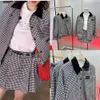 Miao Academy style thousand bird plaid wool velvet collar jacket for women's coat loose top+A-line pleated half skirt set