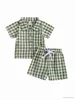 Conjuntos de roupas para meninos, camisa xadrez casual e shorts com gola virada para baixo e cintura elástica, roupa de verão elegante para pequenos R231127