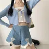 Shorts feminino casual jeans japonês kawaii lolita cintura alta renda irregular linha a jeans curto 4xl verão e-girl sexy azul