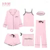 Kadın pijama hnm pembe şerit baskı pijama seti ipek saten ev kıyafeti 7 adet set pijama kadınlar bahar yaz sonbahar