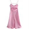 Dress 2022 ZA New Women Hollow Design Silk Satin Texture Midi Suspender Dress Summer Sexy Revealing Back Slit Slim Pink Dress