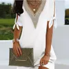 Casual Kleider Frauen 2023 Mode Split Bogen Kurzarm Pullover Sommer Sexy V-ausschnitt Panel A-Line Elegante Weiße Spitze Solide Vestido