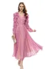 Women's Runway Dresses Sexy V Neck Long Sleeves Ruffles Printed Ruched Fashion Designer Party Prom Gown