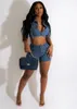 Women's Tracksuits Cargo Style Pockets Jeans Two Piece Set Women Summer Outfits Turn Down Collar Short Sleeve Buttons Crop Tops Denim Shorts Suits 230427