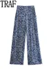 여성용 바지 Capris Traf Blue Print 와이드 다리 바지 여성 높은 허리 바지 여성 캐주얼 헐렁한 바지 여성 패션 여름 여자 바지 세트 231124