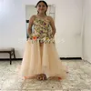 Vestido de baile champanhe glamouroso com flores coloridas, gola redonda, sem mangas, vestido de noite de tule, trem longo, noivado, recepção, vestidos de festa, 2024, vestidos formais para mulheres