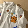 T-Shirt Bear Embroidery Tie Super Cute POLO Collar T Shirts Women Teens Girls Vintage Preppy Summer Tees 2021 New Harajuku Japanese Tops