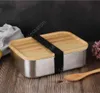 Контейнер для еды на 800 мл, ланч-бокс с бамбуковой крышкой, прямоугольник из нержавеющей стали, коробка для бенто, деревянный верхний кухонный контейнер, натуральный, легкий для T2036333