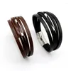 Charm Bracelets Vintage Men Bracelet Magnetic Clasp Copper Tube Reinforced Leather Black Brown Multi Layer Circle Men's Gift