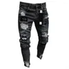Jeans masculinos homens elástico rasgado motociclista magro bordado impressão destruído buraco gravado slim fit denim riscado de alta qualidade jean