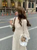 Robes décontractées à manches longues dentelle robe midi femmes élégantes dames fête française col en v femme femme bureau coréen vêtements