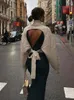 Maglioni da donna Solid Knit Sexy Backless Lace Up Dolcevita Pullover da donna Manica a lanterna Maglione elegante allentato 2023 Autunno Chic Casual