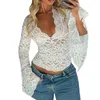 Women's Blouses Women Sexy Deep V Neck Long Flare Sleeve Lace See Through Skinny Y2K Top Perspective Seductive Solid Color Clothing