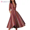 Kleid Frühling Herbst Frauen Kleid Hohe Taille Tiefem V-ausschnitt ALINE Kleid Lässig Elegante Vertikale Streifen Halbarm Weibliche Kleidung