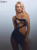 Abiti casual KLALIEN Abito donna sexy See Through Mesh Patchwork Halter Mini Bodycon Streetwear Y2K Activewear Estate 230426