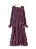 Abiti casual Backless Lace-Up Ladies Purple Bamboo Leaf Print Dress 2023 Spring Temperament Lady Long Sleeve Elastic Waist Slim Robe