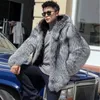 Mężczyzn Fur Faux Model 2023 Winter Warm z kapturem mody Men Mink zintegrowany płaszcz Srebrny Przytulna kurtka 231127