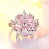 Band Rings Cute Romantic Pink Flower Women Wedding Rings with Silver Color Crystal Promise Engagement Ring for Women Party Jewelry Gifts AA230426