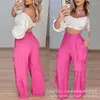 Women's Pants Wepbel Trousers Solid Color Loose High Waist Wide Leg Rose Red Cargo Women Summer Streetwear Patch Pocket Overalls