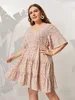 Taglie forti Abiti Taglia Rosa Midi Dres Stampa floreale Manica a balze Estate Autunno Casual Oversize 4XL Elegante Allentato 230426