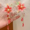 Accessoires pour cheveux filles, épingles à cheveux avec ruban à fleurs rouges, plumes et perles, pinces Hanfu, pompon papillon, couvre-chef de l'année chinoise, mignon pour enfant