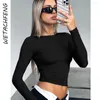 Siyah Seksi Bodycon Tişörtleri Kadınlar Harajuku Uzun Kollu O Boyun Base Tees Üstler Yaz Katı Sıska Yumuşak Nefes Alabilir Giysiler