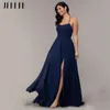 JEHETH Marine Bleu Dos Nu A-ligne Robe De Soirée Sexy Sans Manches En Mousseline De Soie Élégante Soirée Formelle: Robes De Bal Taille Personnalisée Longueur Au Sol