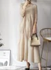 Robes Décontractées Couleur Beige Femmes Robe Plissée Lâche Causal Élégant Printemps Plis Froncé Long