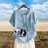 T-shirt Nuovi top sciolti femminili O Neck Linen Summer Fashion Panda Print grafico T magliette da donna Plus size