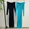Casual Dresses Sexy One Neck Package Hip Fishtail Party Ocean Blue Stretch Slim Knit Long Womens 2023 Autumn And Winter