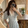 Casual Dresses Vintage Floral Women Elegant Lace Chiffon Korean Party Puff Sleeve V Neck Midi Fall for 230426