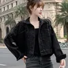 Damesjassen Rimocy Parels Parels Lange mouw Crop Jacket Women Herfst Down Collar Losse Short Coat Woman Single-Breasted Jeans Jackets 230427