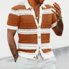 Camisas casuais masculinas masculinas de malha 2023 verão soltas manga curta abotoadas lapela malha cardigãs roupas masculinas camisa listrada vintage