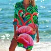 Blusas femininas havaí praia tropical folha flamingo 3d impressão feminina manga longa camisas de comprimento médio botões camisa blusa meninas bolso topos