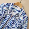 2023 Summer Blue Paisley Print Beaded Dress 1/2 Half Sleeve Lapel Neck Belted Front Zipper Knee-Length Casual Dresses S3A240420