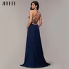 JEHETH Marine Bleu Dos Nu A-ligne Robe De Soirée Sexy Sans Manches En Mousseline De Soie Élégante Soirée Formelle: Robes De Bal Taille Personnalisée Longueur Au Sol