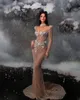 Dubai Prom luxuriöser Spitze Sheer Neck Perlen Party Kleider Kristalle Meerjungfrau Custom Made Evening Kleid