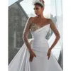 Africano árabe modesto manga longa jóia pescoço vestidos de casamento beading cetim ruched ilusão vestidos de noiva novia 328 328