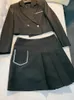 Spring Black Rhinestone Two Piece Dress Sets Long Sleeve Notched-Lapel Single-Button Blazers Top + High Waist Pocket Short Skirt Set Two Piece Suits D3N237424