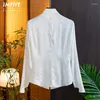 Women's Blouses Satin Solid Shirts Silk Chinese Style O-Neck Ladies Clothing Loose Long Sleeves FASHION Vintage Tops YCMYUNYAN